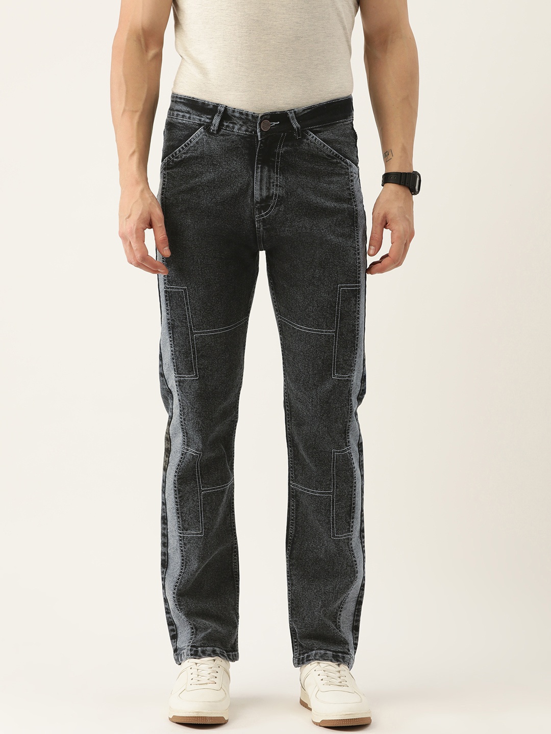 

PARIS HAMILTON Men Relaxed Fit Heavy Fade Colourblocked Pure Cotton Jeans, Grey