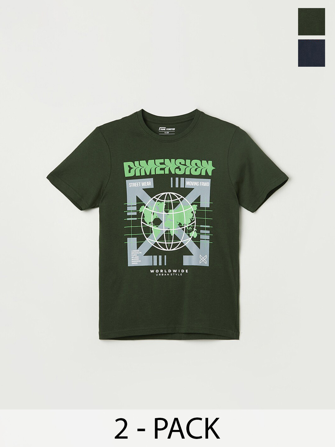 

Fame Forever by Lifestyle Boys Pack Of 2 Printed Pure Cotton T-shirt, Olive