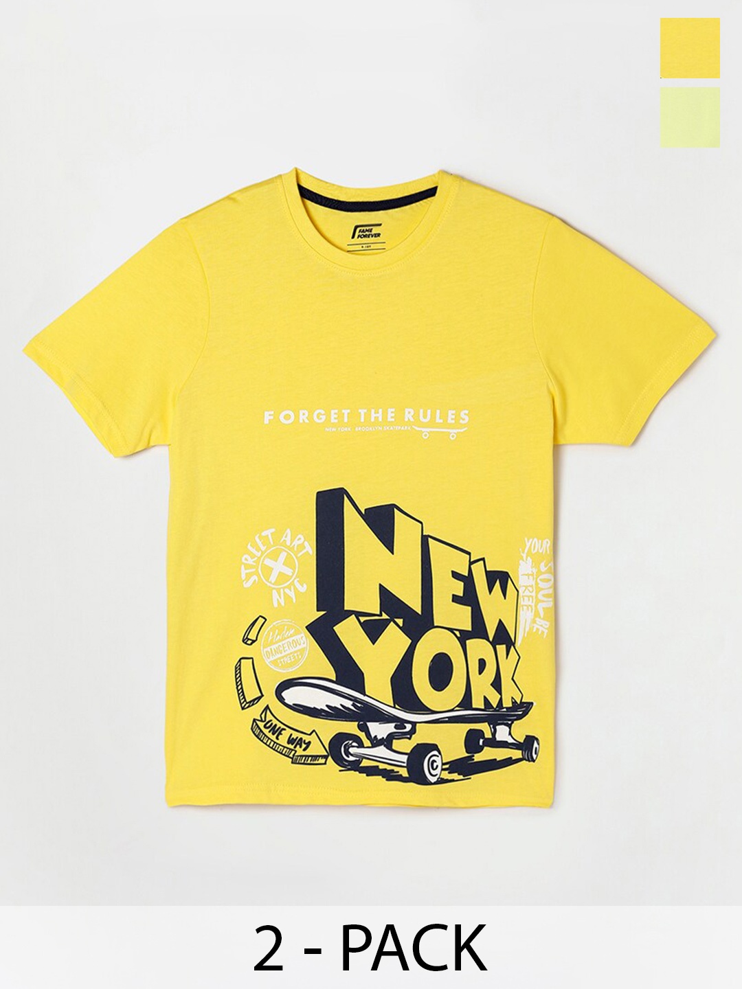 

Fame Forever by Lifestyle Boys Pack Of 2 Printed Pure Cotton T-shirt, Yellow