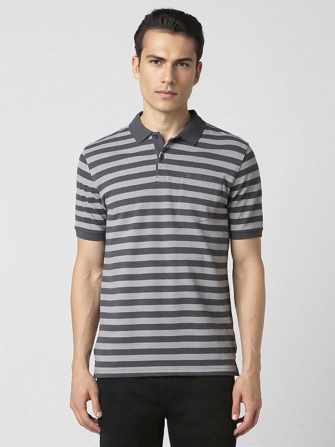 

Peter England Men Striped Polo Collar Pockets T-shirt, Grey