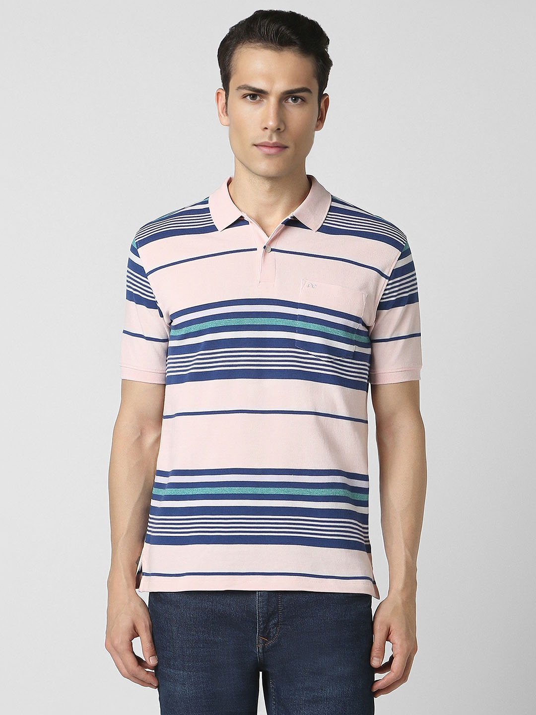 

Peter England Men Striped Polo Collar Pockets T-shirt, Pink