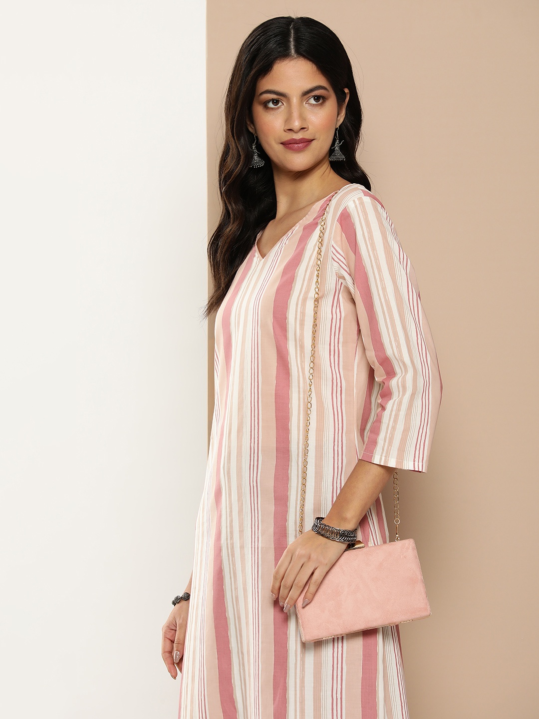 

AMUKTI Women Striped Kurta, Pink