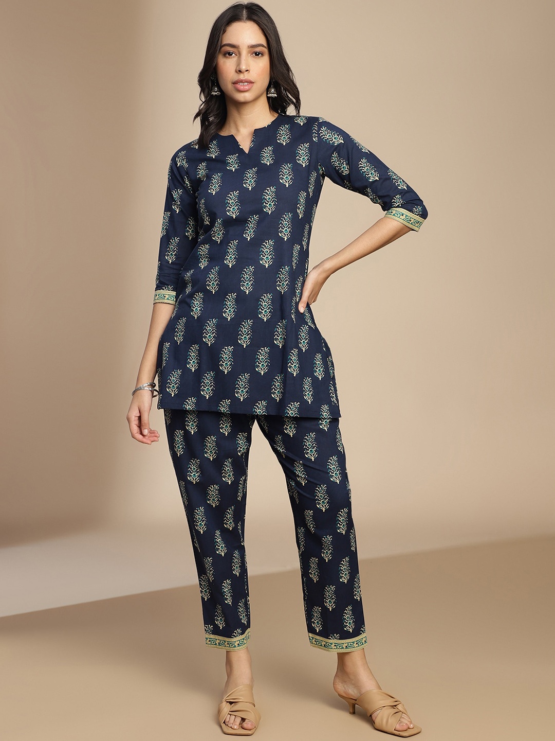 

Shaily Ethnic Motifs Printed Round Neck Top with Trousers, Navy blue