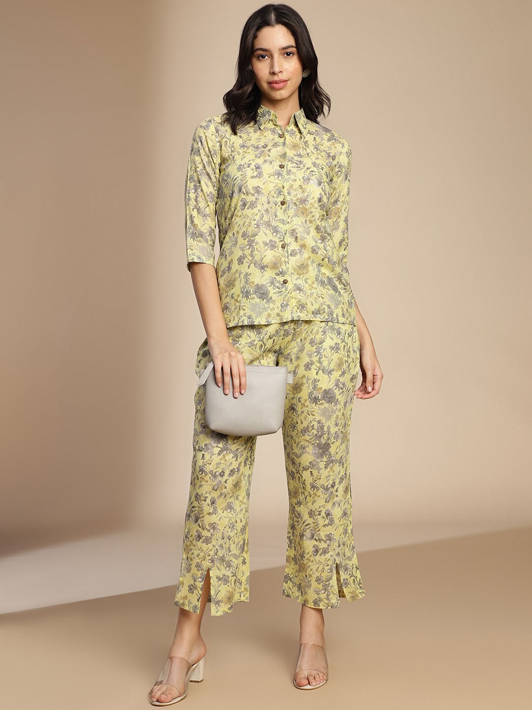 

Shaily Floral Printed Shirt Collar Shirt With Trouser, Yellow
