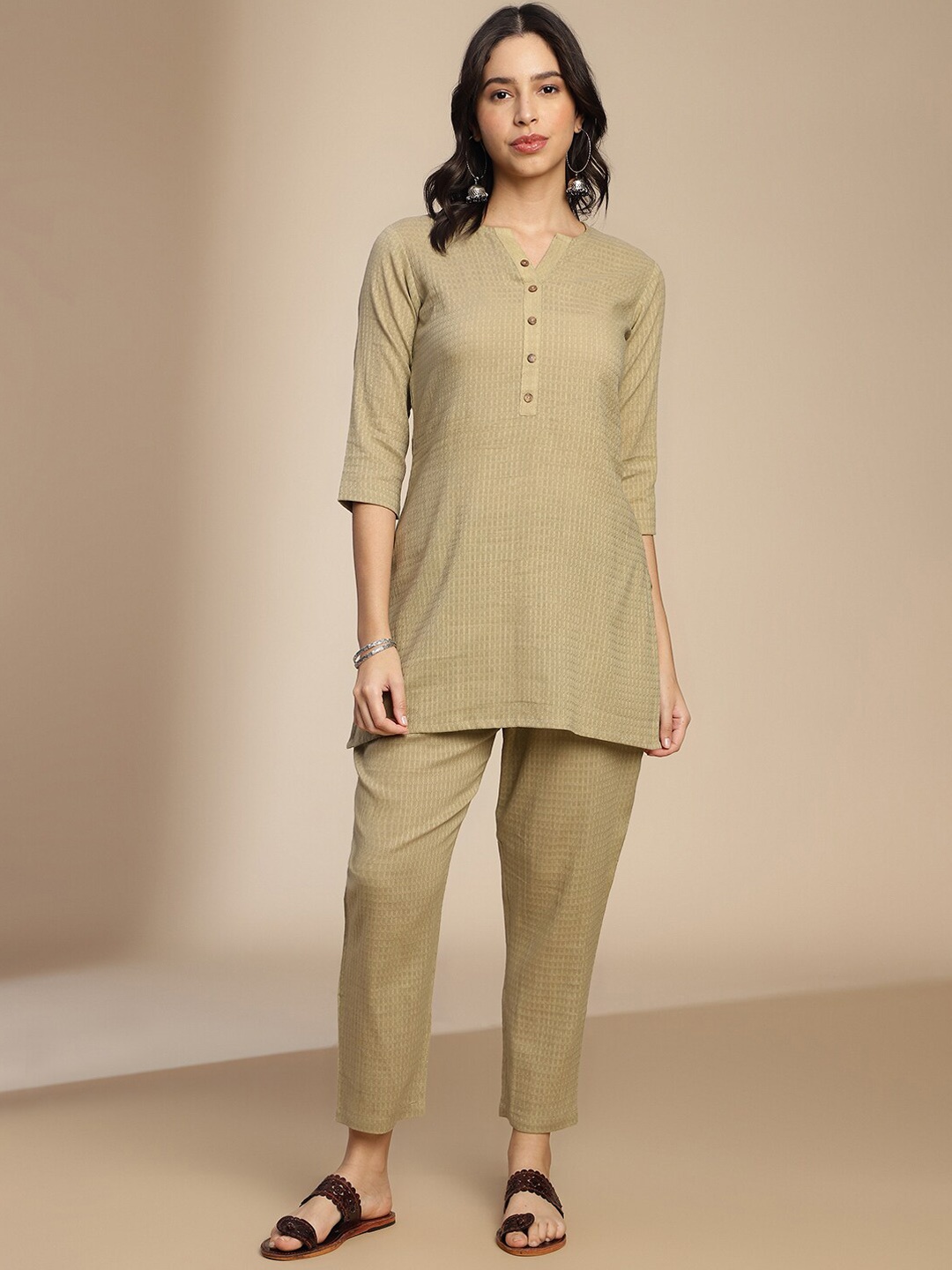 

Shaily Self Design Round Neck Top with Trousers, Beige