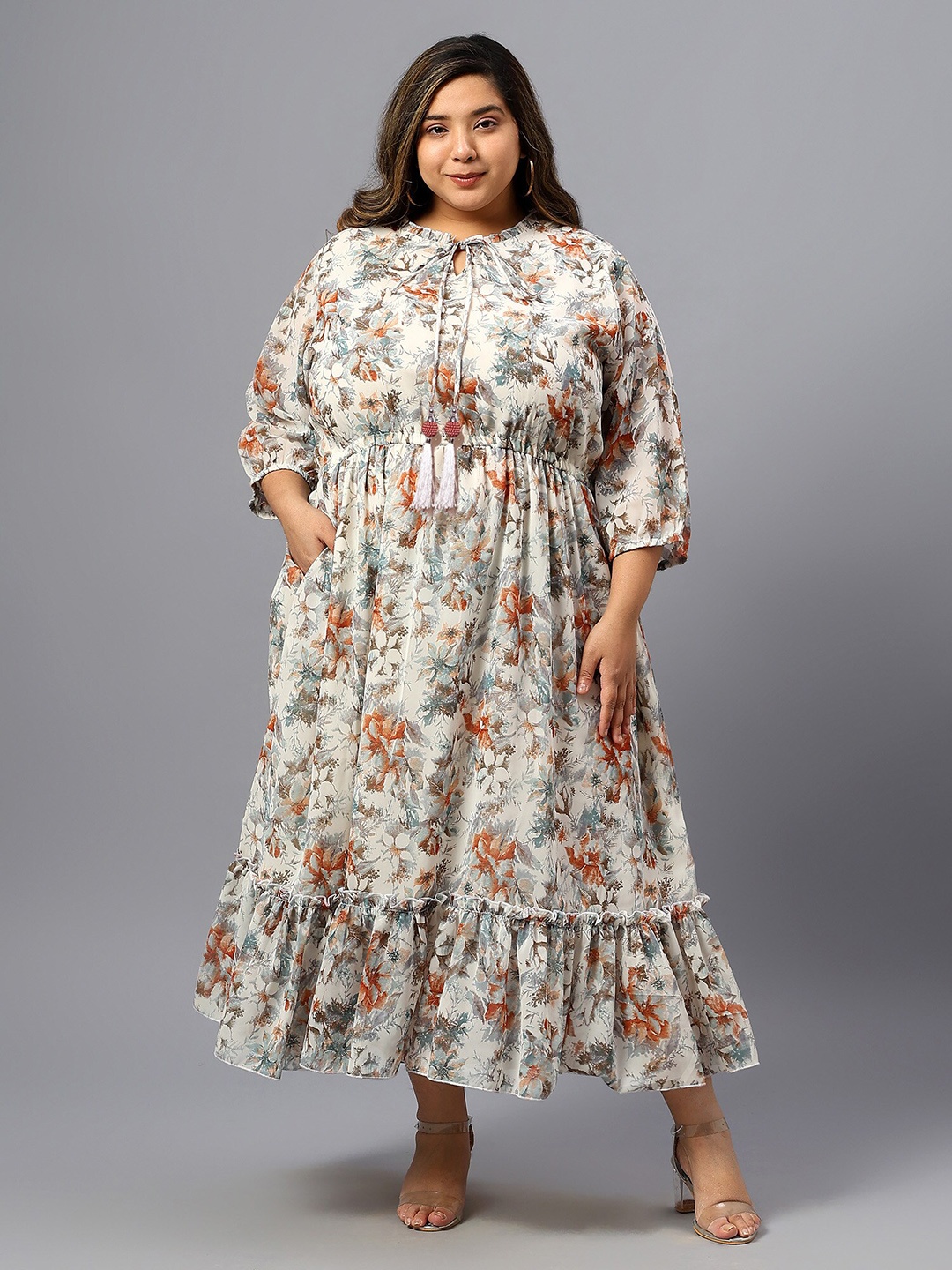 Indietoga Plus Size Floral Print Tie Up Neck Tiered Georgette Long Maxi Dress, Cream