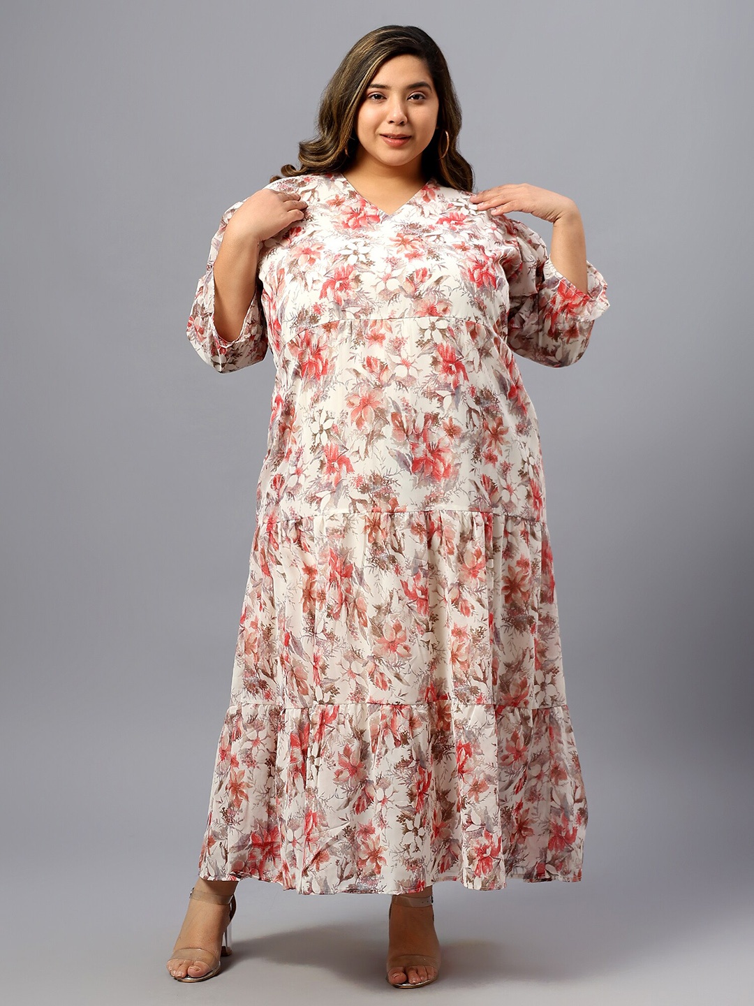 

Indietoga Women's Plus Size Red Floral Print Georgette Tiered Long Maxi Dress