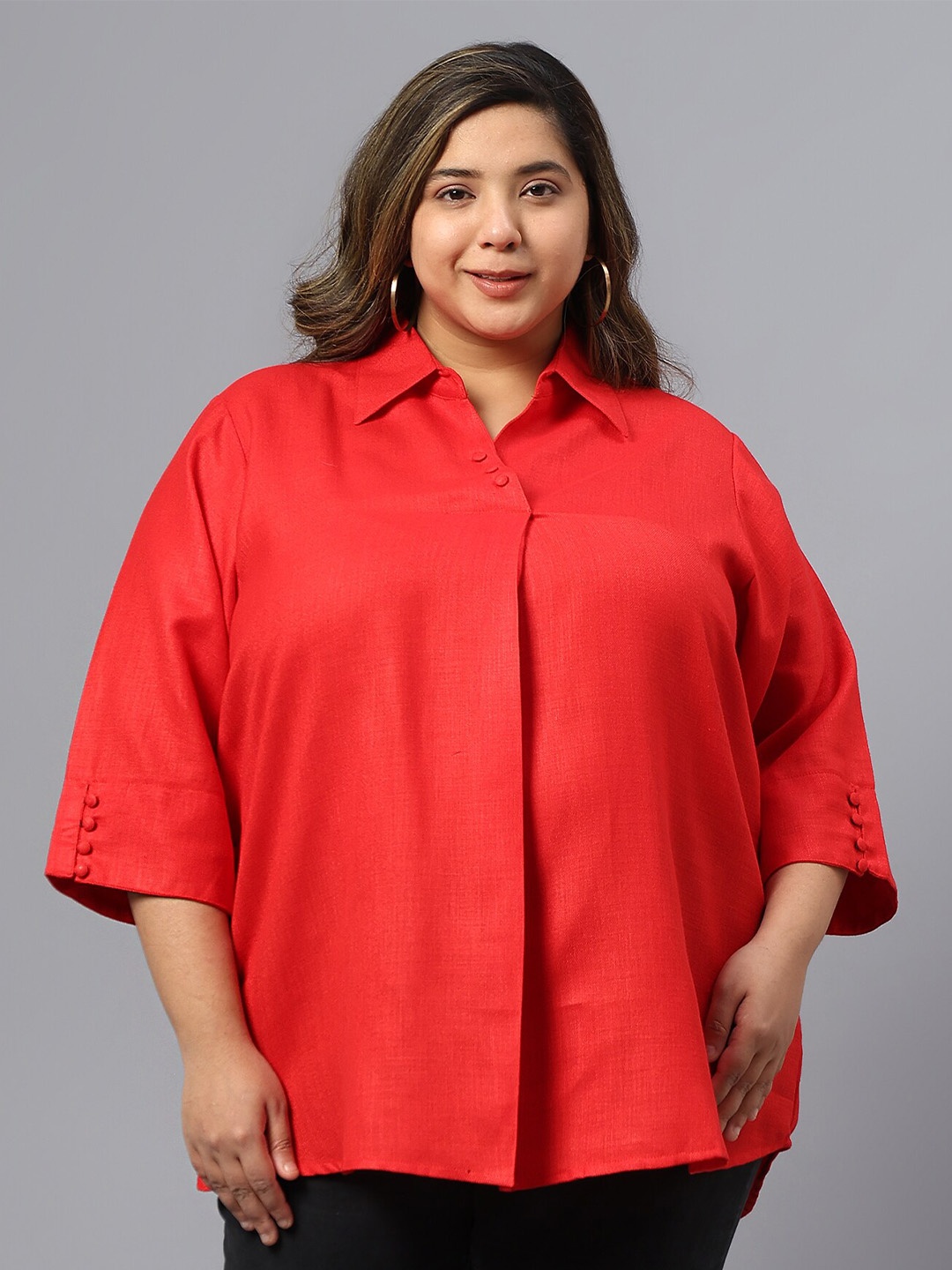 

Indietoga Plus Size Shirt Collar Three-Quarter Sleeves Woollen Shirt Style Top, Red