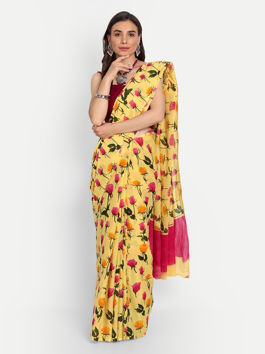 

KALINI Floral Printed Pure Cotton Saree, Yellow