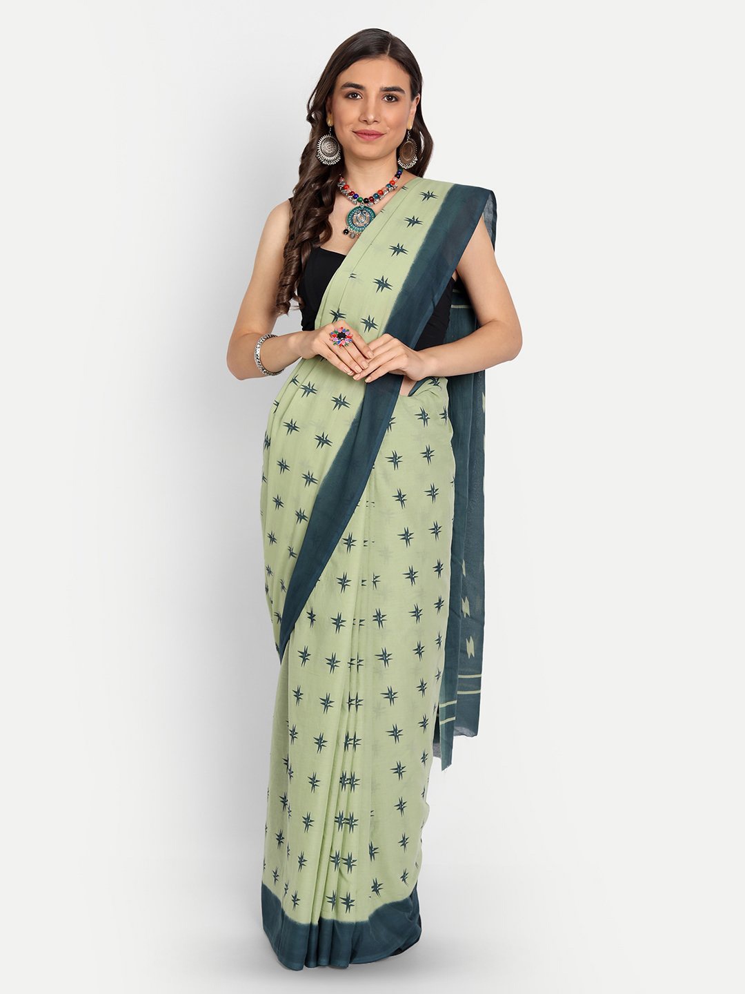 

KALINI Abstract Printed Pure Cotton Saree, Green