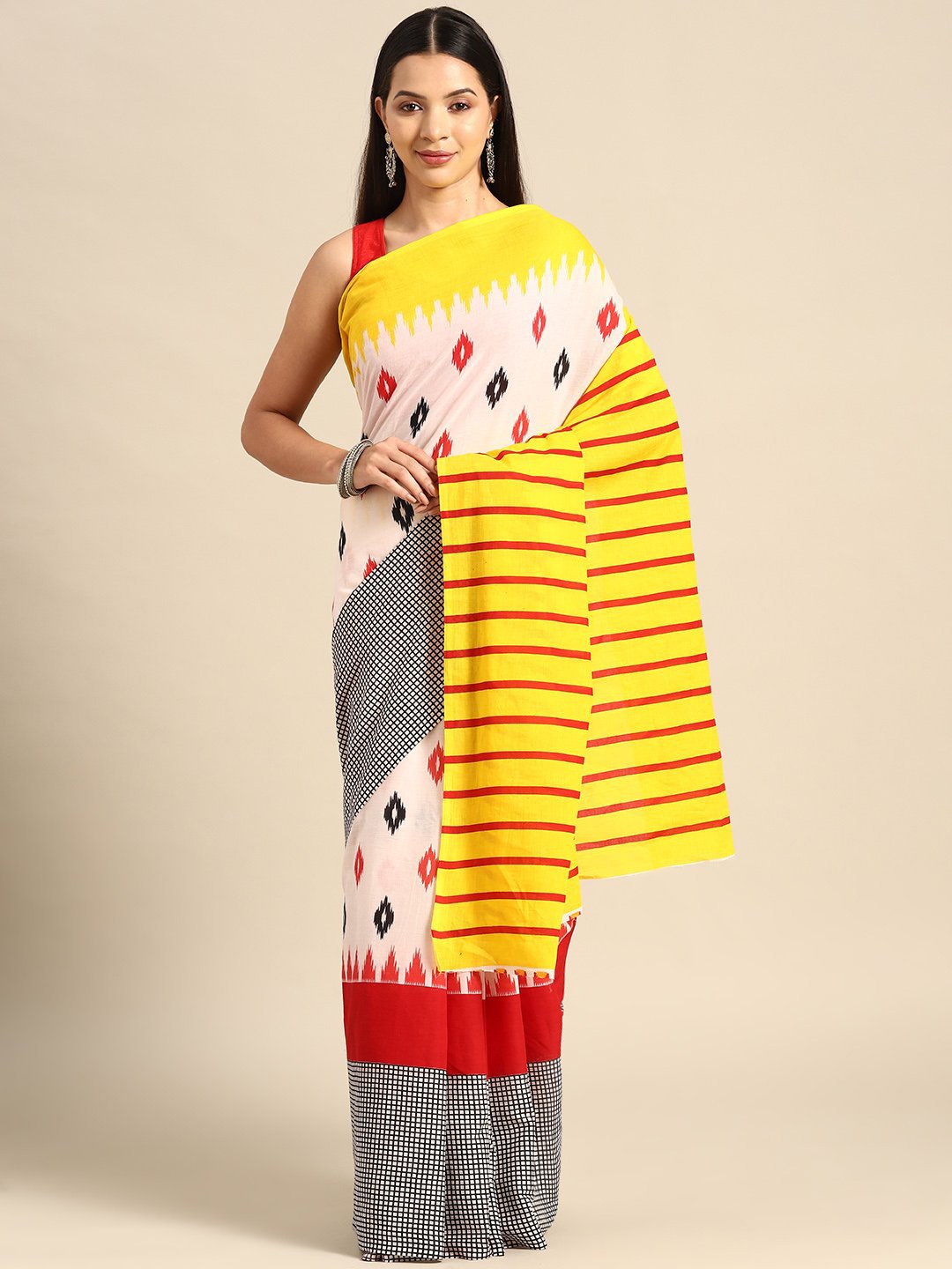 

KALINI Pure Cotton Geometric Printed Saree, Yellow