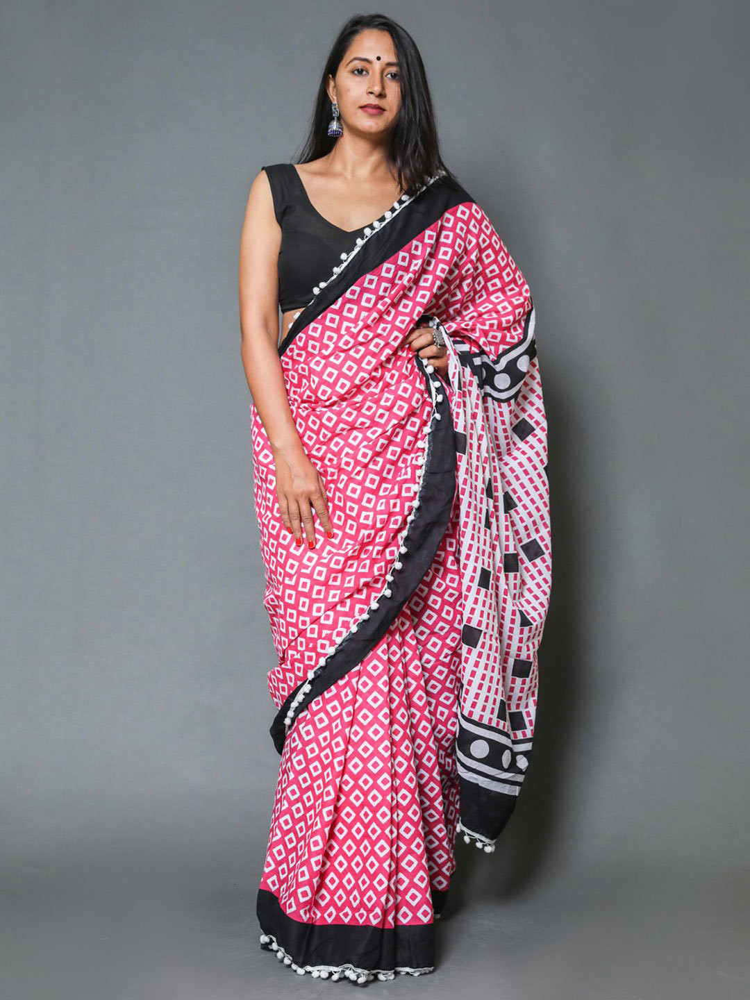 

KALINI Geometric Printed Pure Cotton Saree, Pink