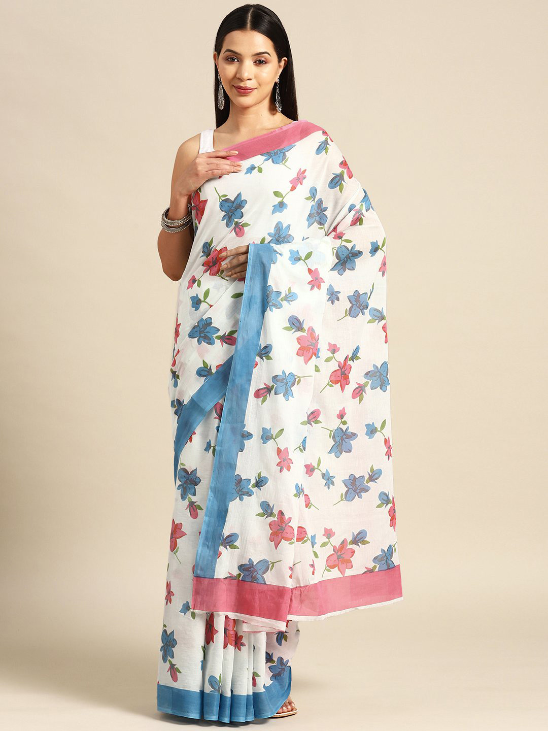 

KALINI Floral Pure Cotton Saree, White