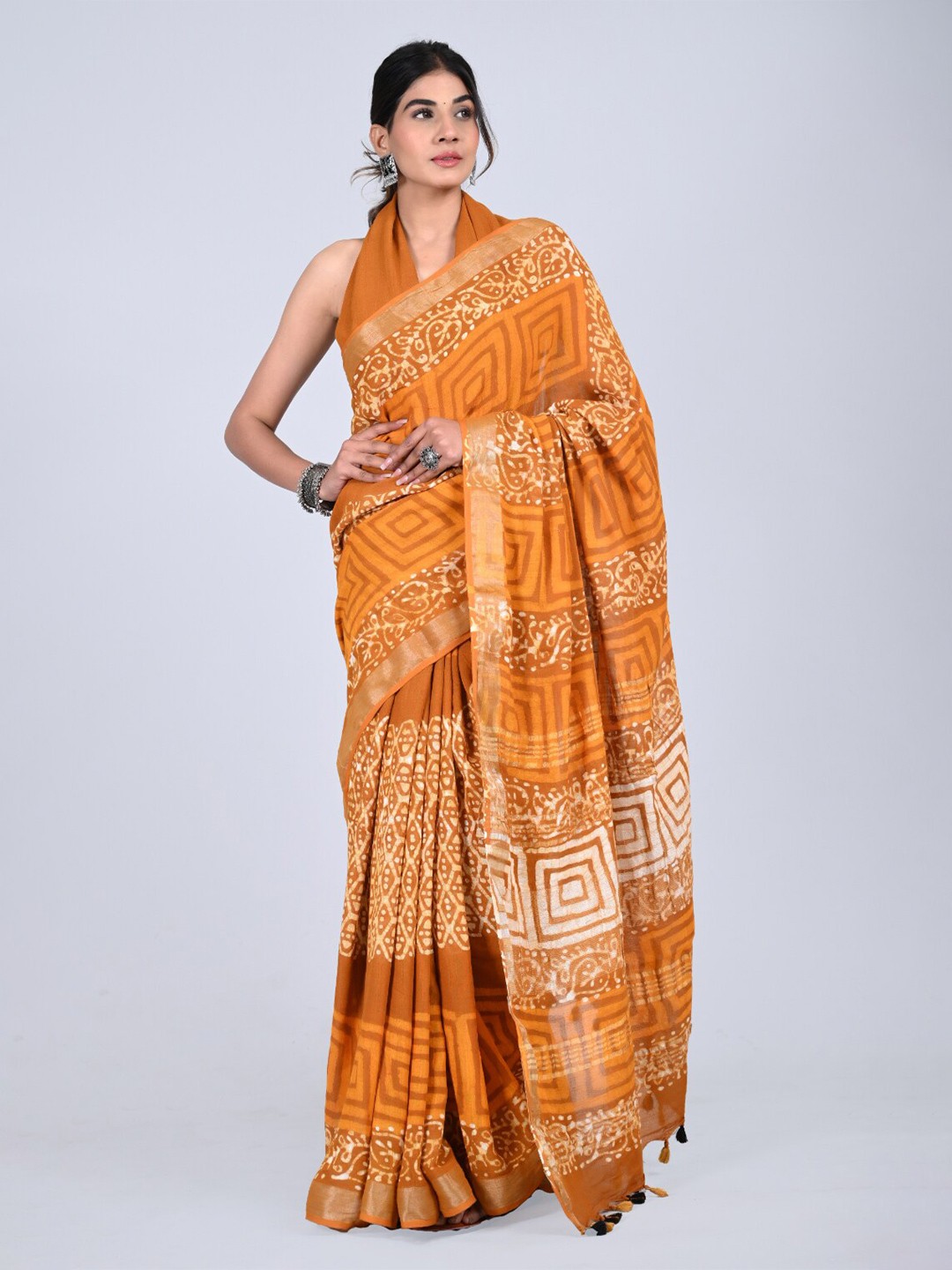 

KALINI Zari Geometric Printed Pure Cotton Saree, Mustard