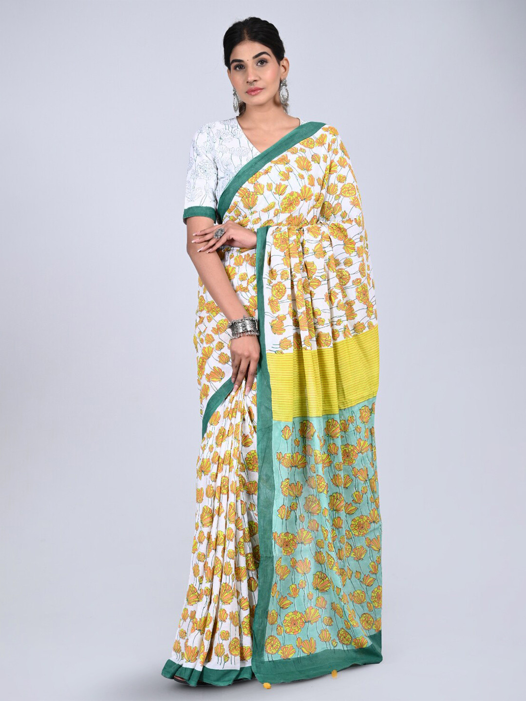 

KALINI Floral Printed Pure Cotton Saree, Mustard