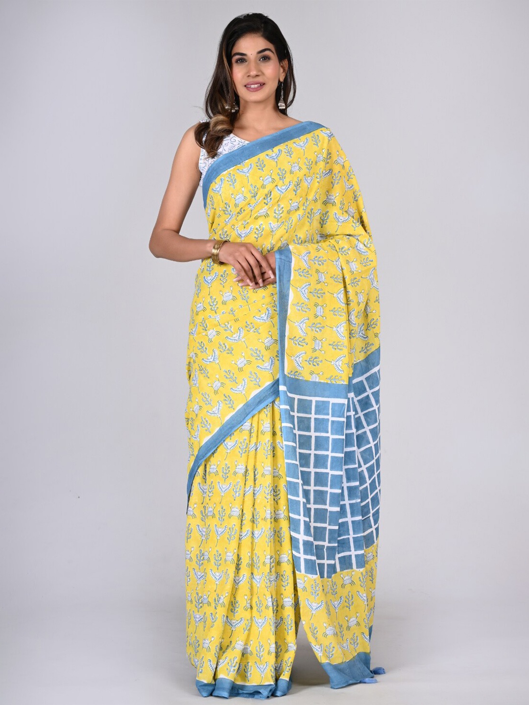

KALINI Abstract Printed Handblock Pure Cotton Saree, Yellow