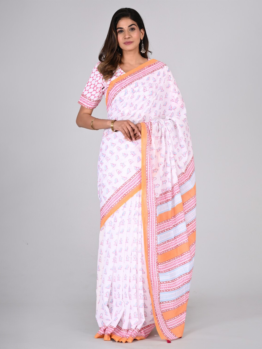 

KALINI Handblock Abstract Printed Pure Cotton Saree, Pink