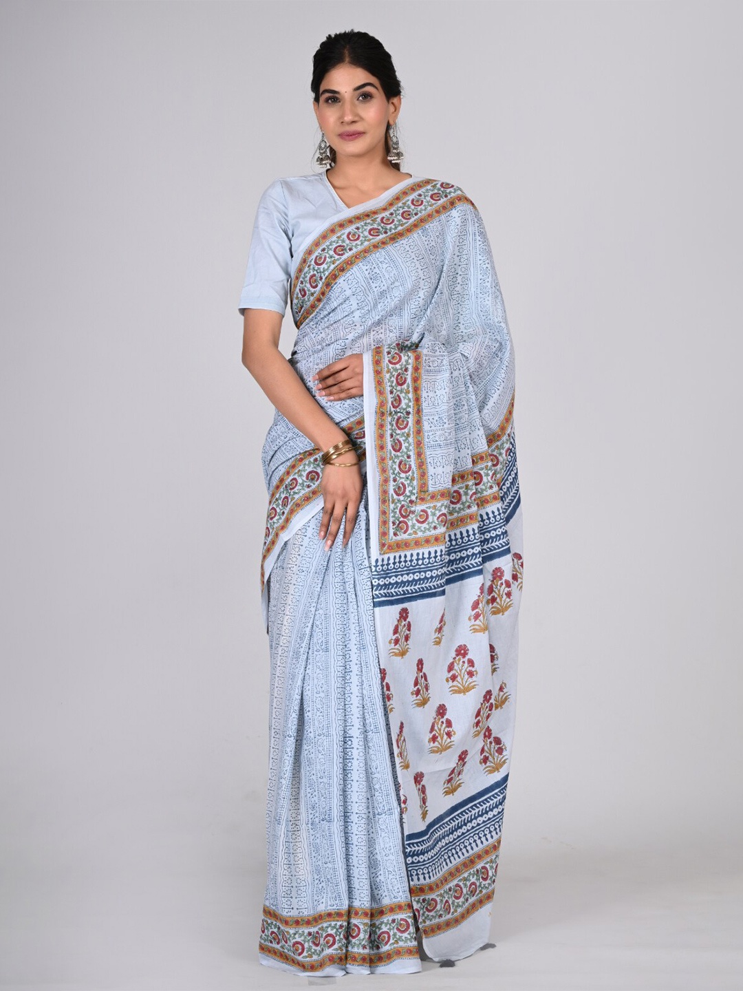

KALINI Floral Printed Handblock Pure Cotton Saree, Blue