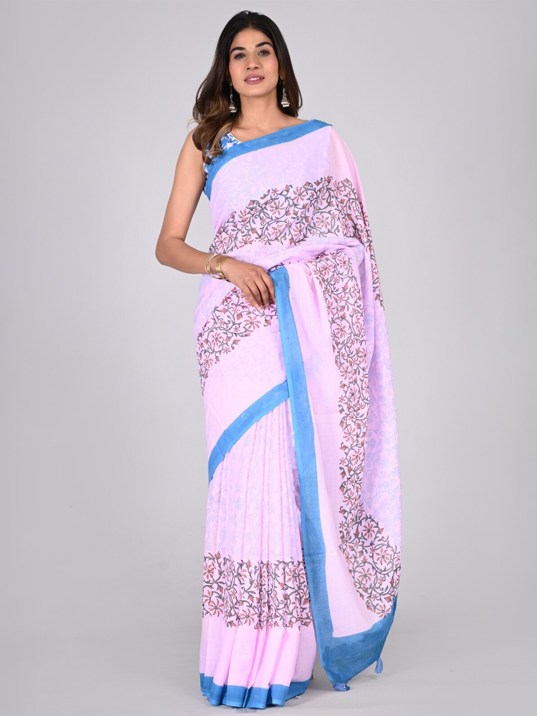

KALINI Floral Printed Handblock Pure Cotton Saree, Pink