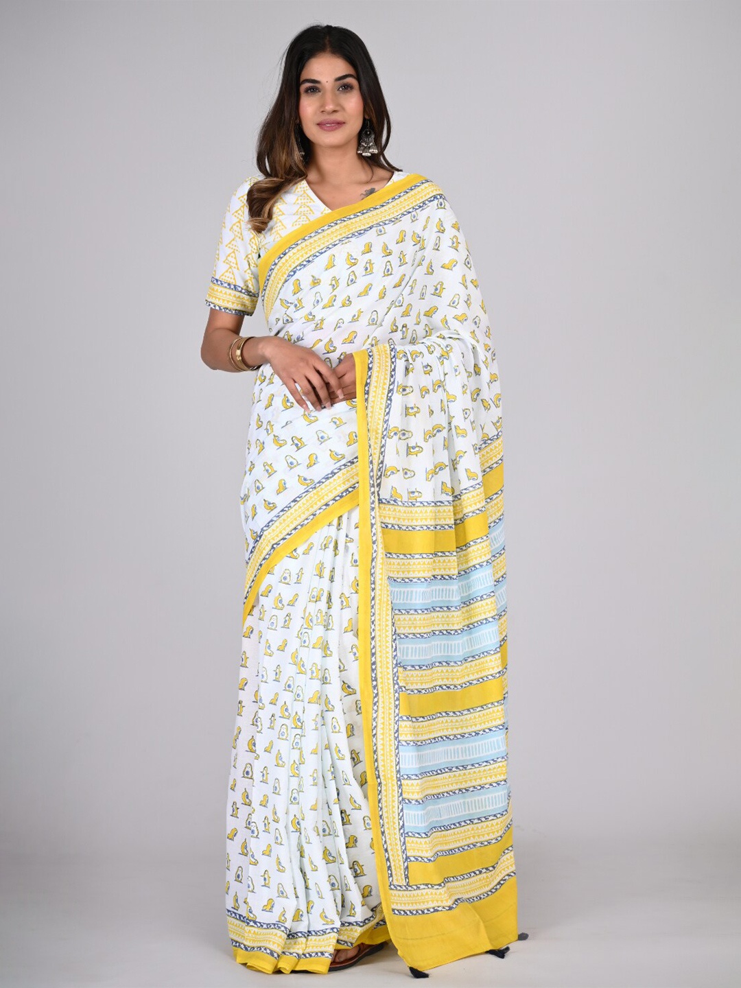 

KALINI Abstract Printed Handblock Pure Cotton Saree, Yellow