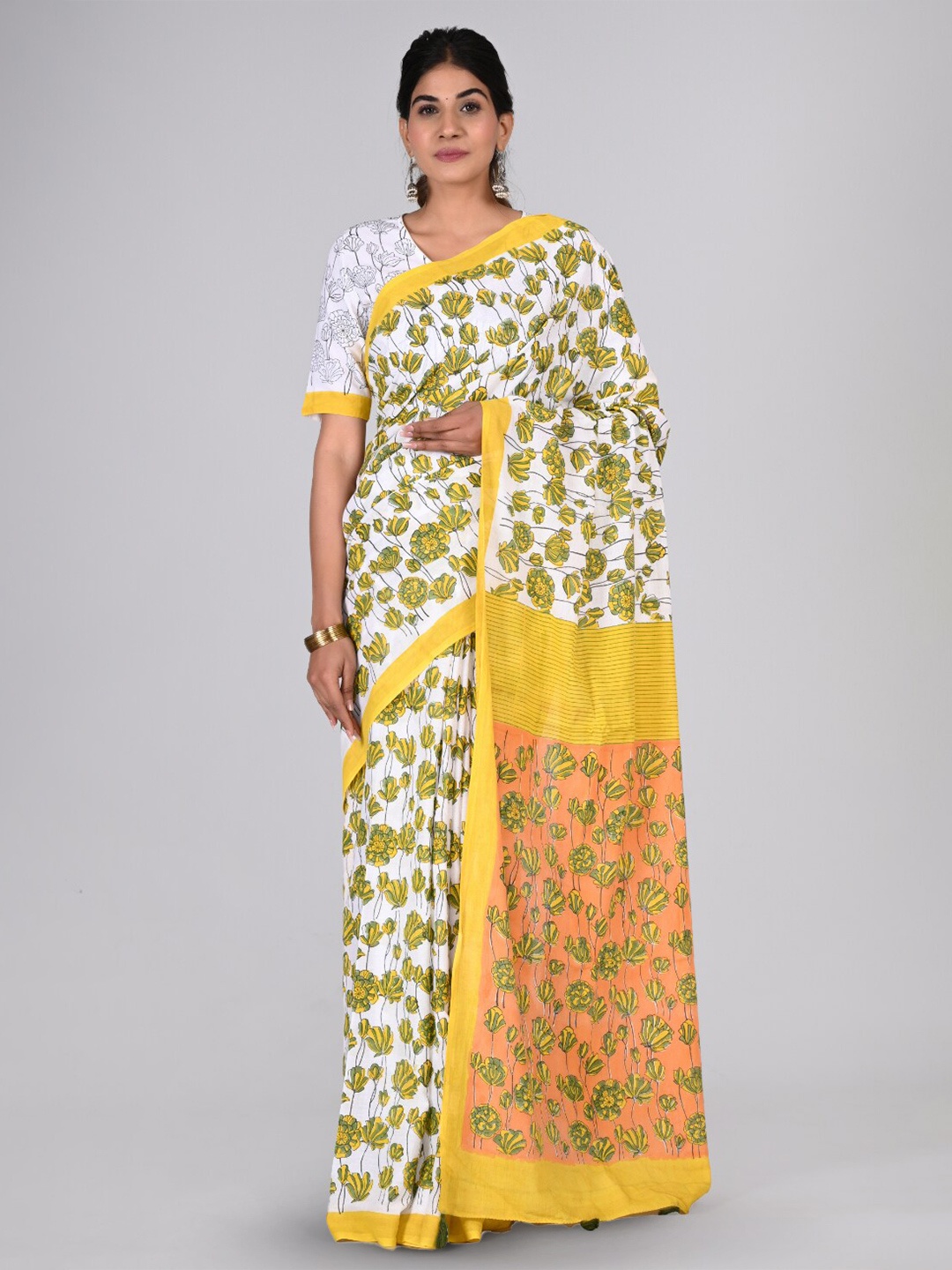

KALINI Floral Printed Handblock Pure Cotton Saree, Yellow