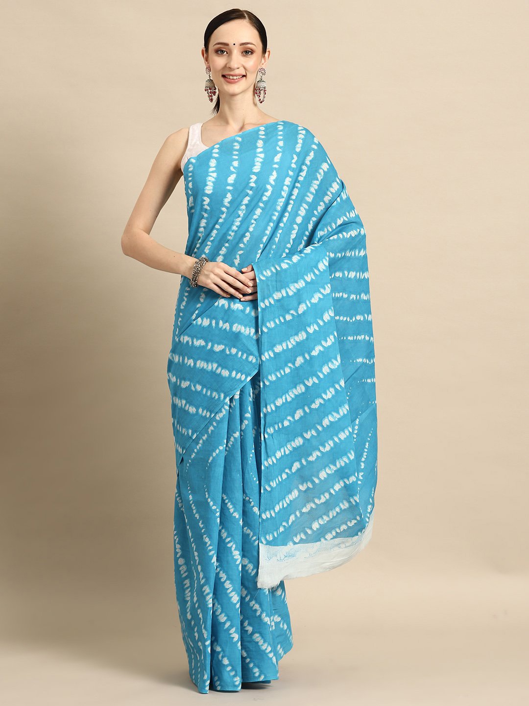 

KALINI Striped Printed Pure Cotton Saree, Blue