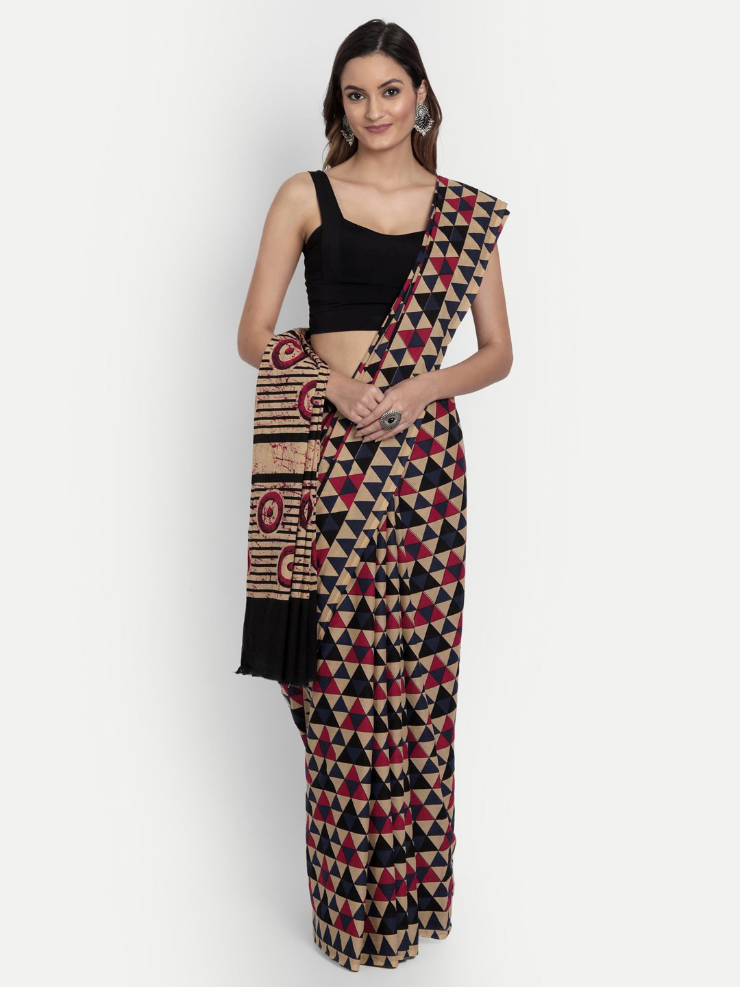 

KALINI Geometric Printed Pure Cotton Saree, Beige