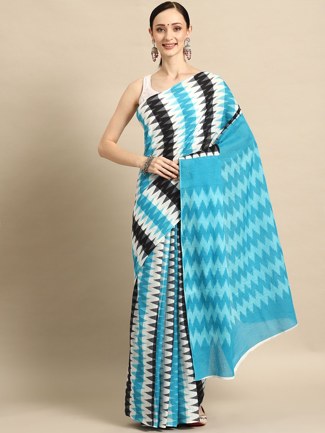 

KALINI Geometric Printed Pure Cotton Saree, Blue