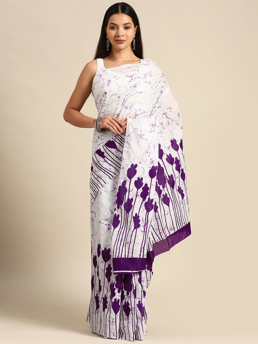 

KALINI Floral Printed Pure Cotton Saree, White