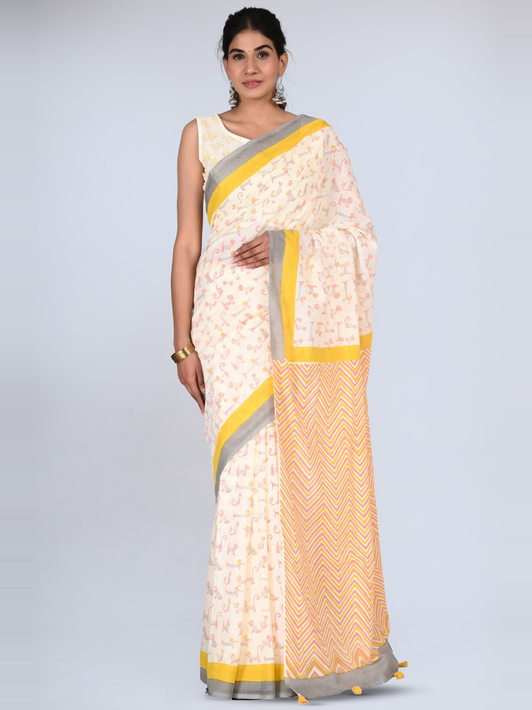 

KALINI Geometric Printed Pure Cotton Saree, Yellow