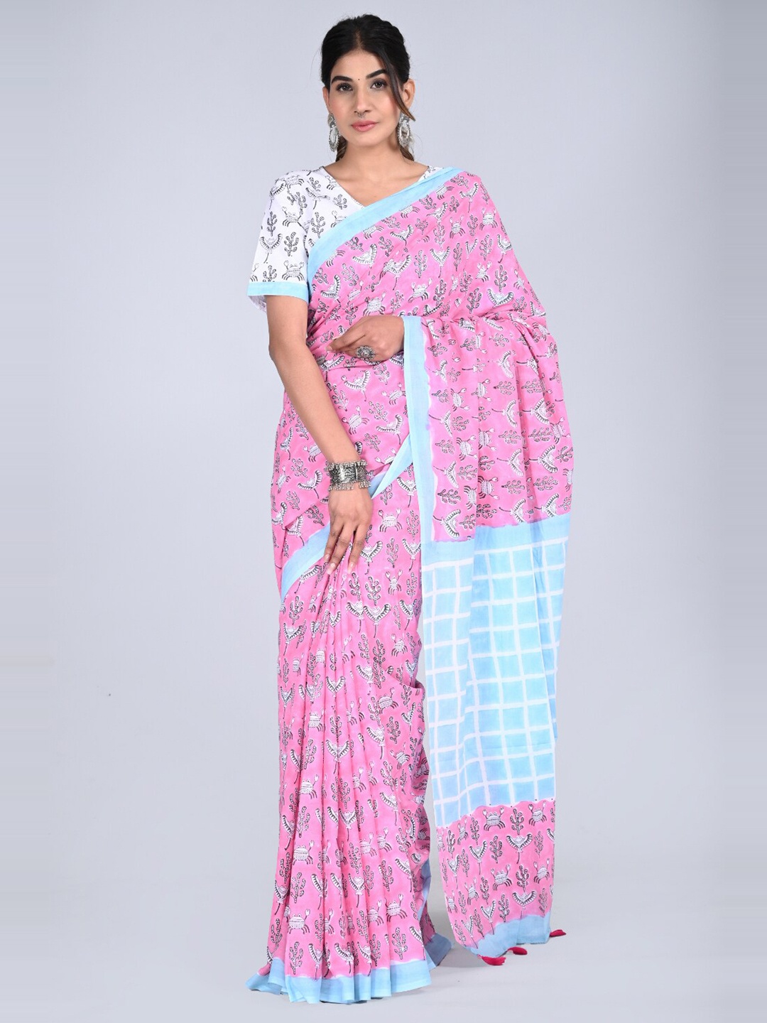 

KALINI Floral Printed Pure Cotton Saree, Pink