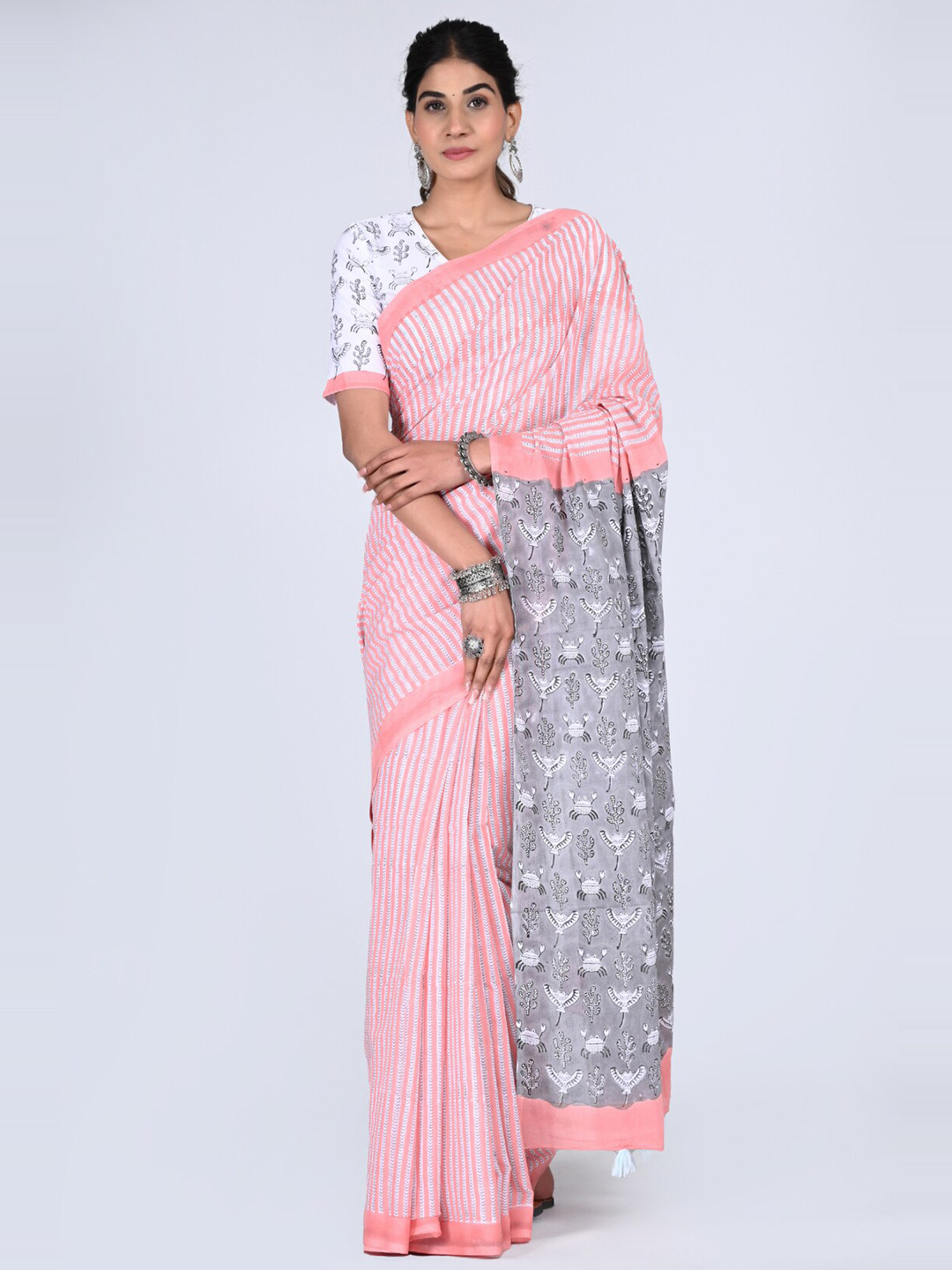 

KALINI Striped Pure Cotton Saree, Pink