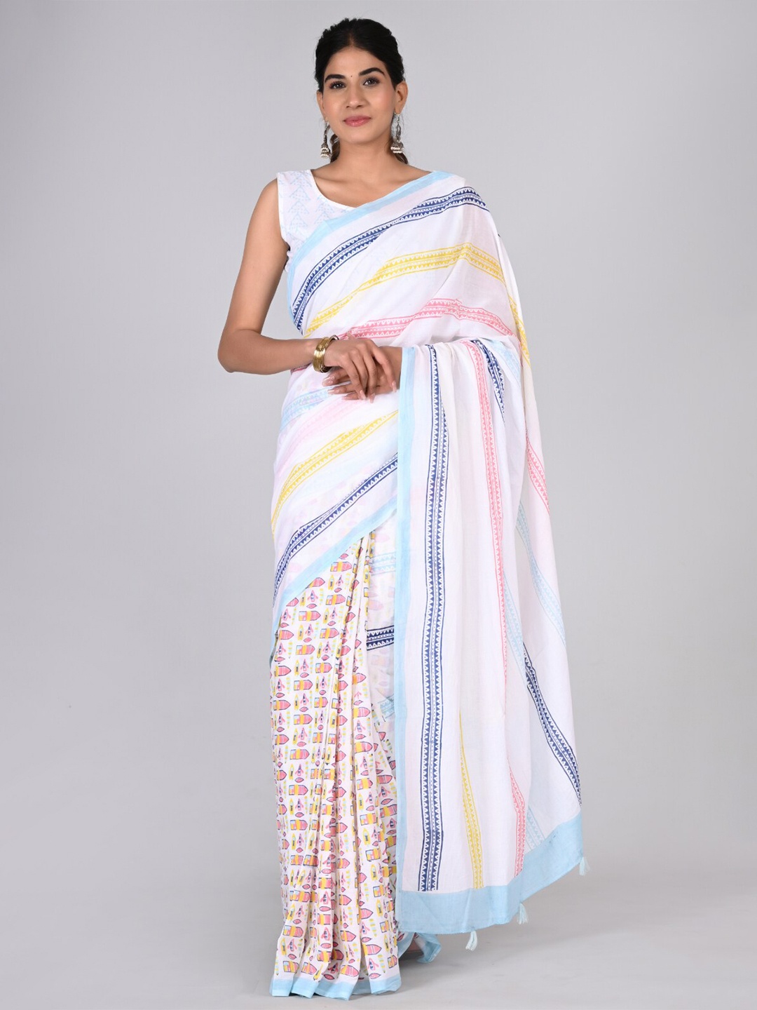 KALINI Striped Pure Cotton Saree, White