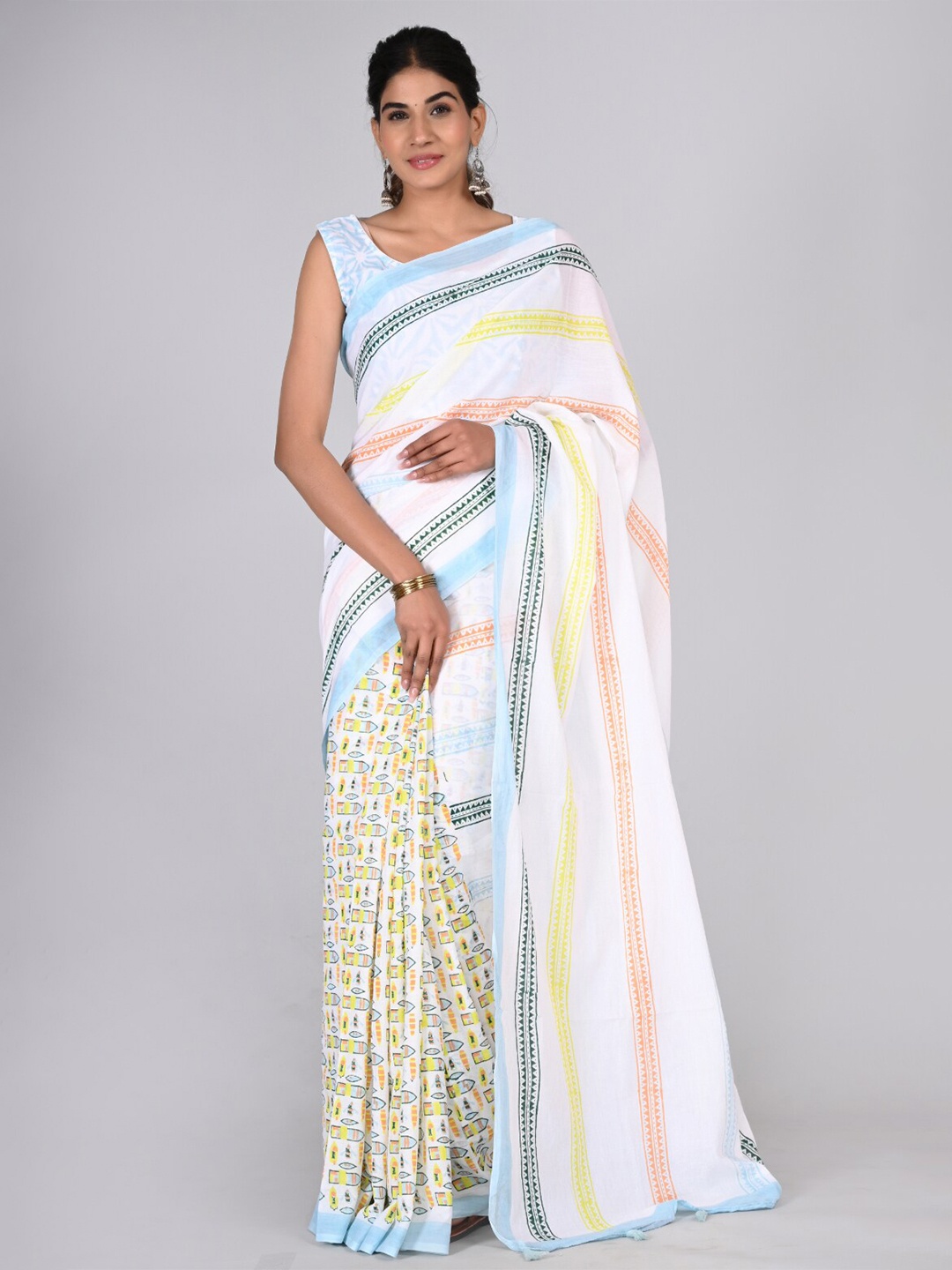 

KALINI Geometric Pure Cotton Half and Half Saree, White