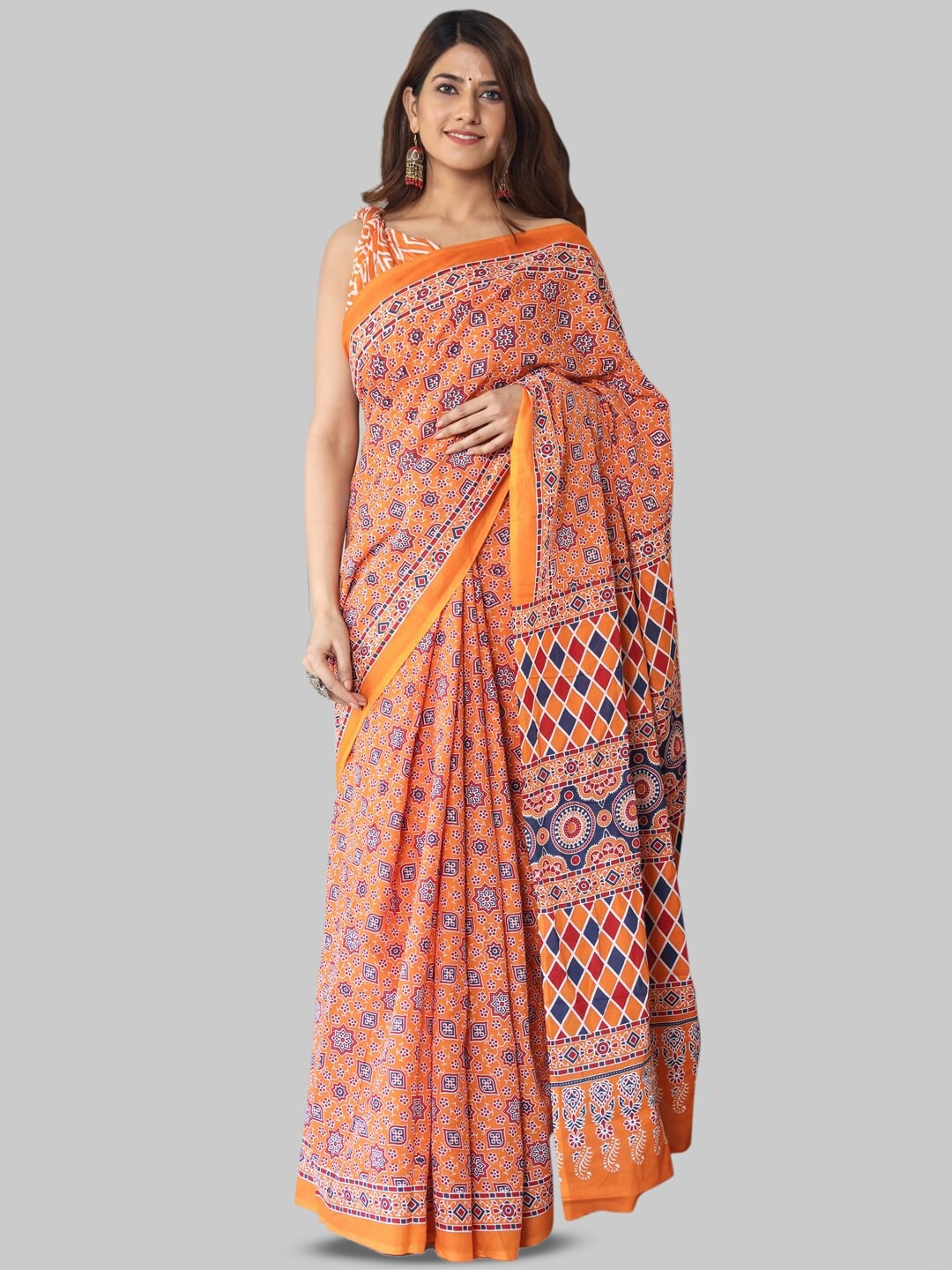 

KALINI Ethnic Motifs Printed Pure Cotton Saree, Orange