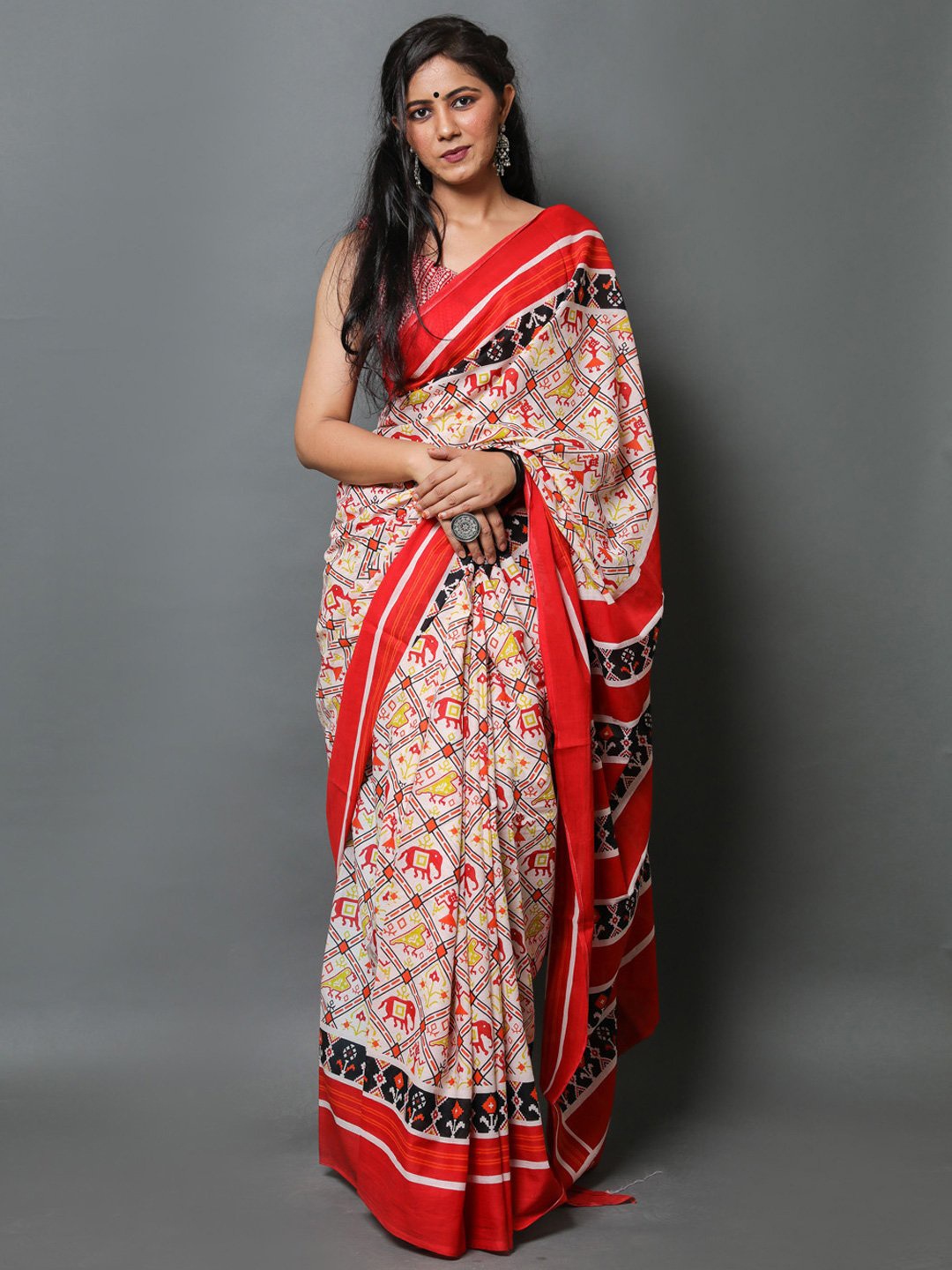 

KALINI Ethnic Motifs Printed Pure Cotton Saree, White