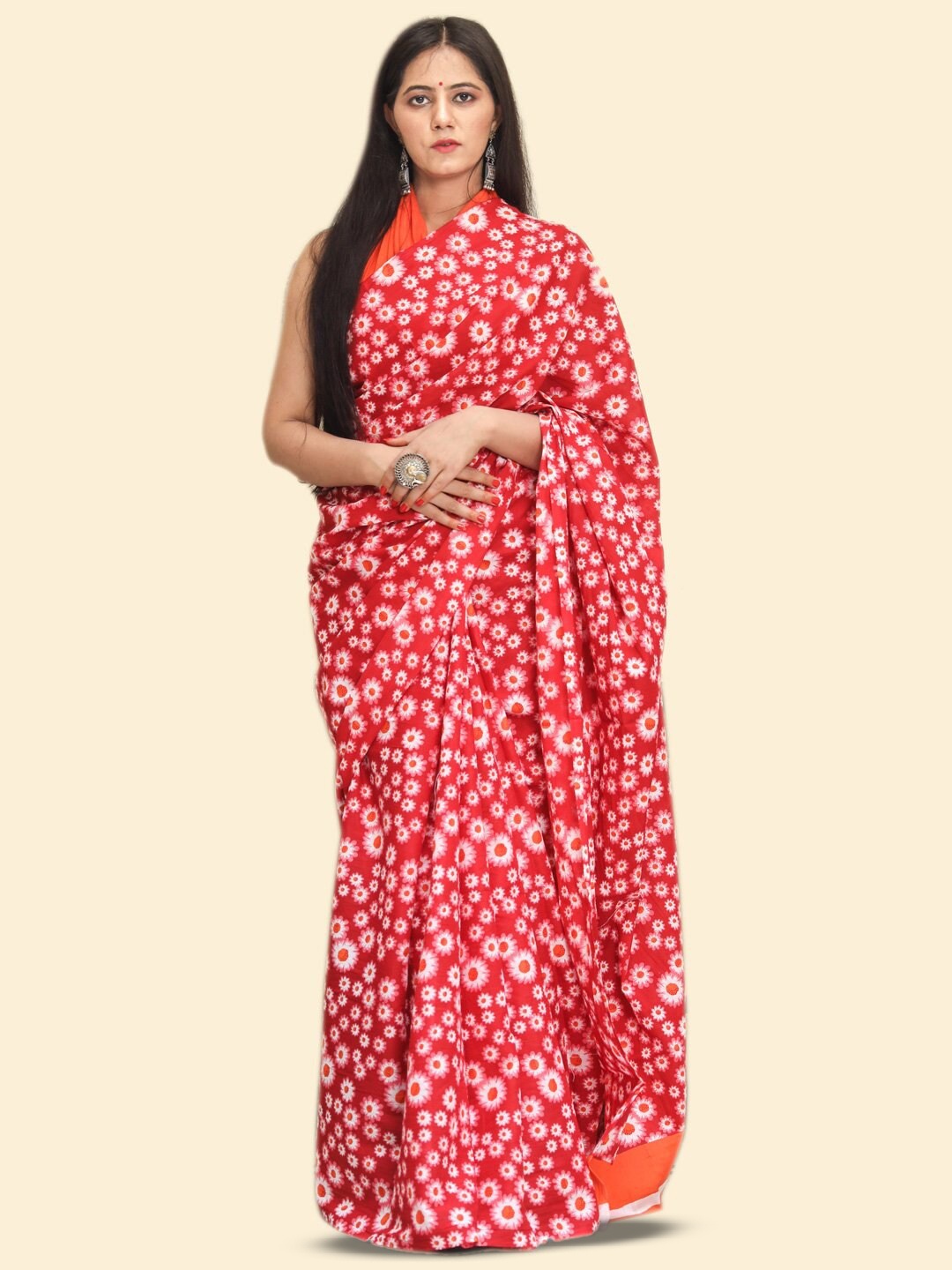 

KALINI Floral Printed Pure Cotton Saree, Red
