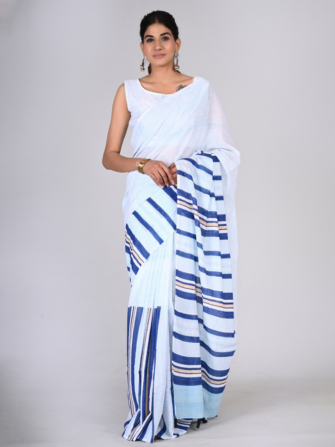 

KALINI Striped Pure Cotton Saree, Blue