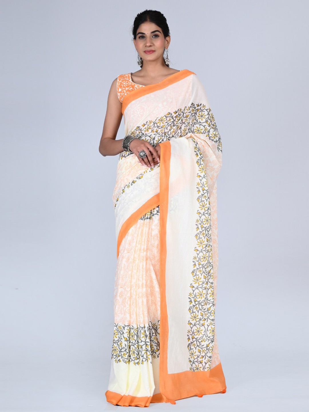 

KALINI Floral Pure Cotton Saree, Orange