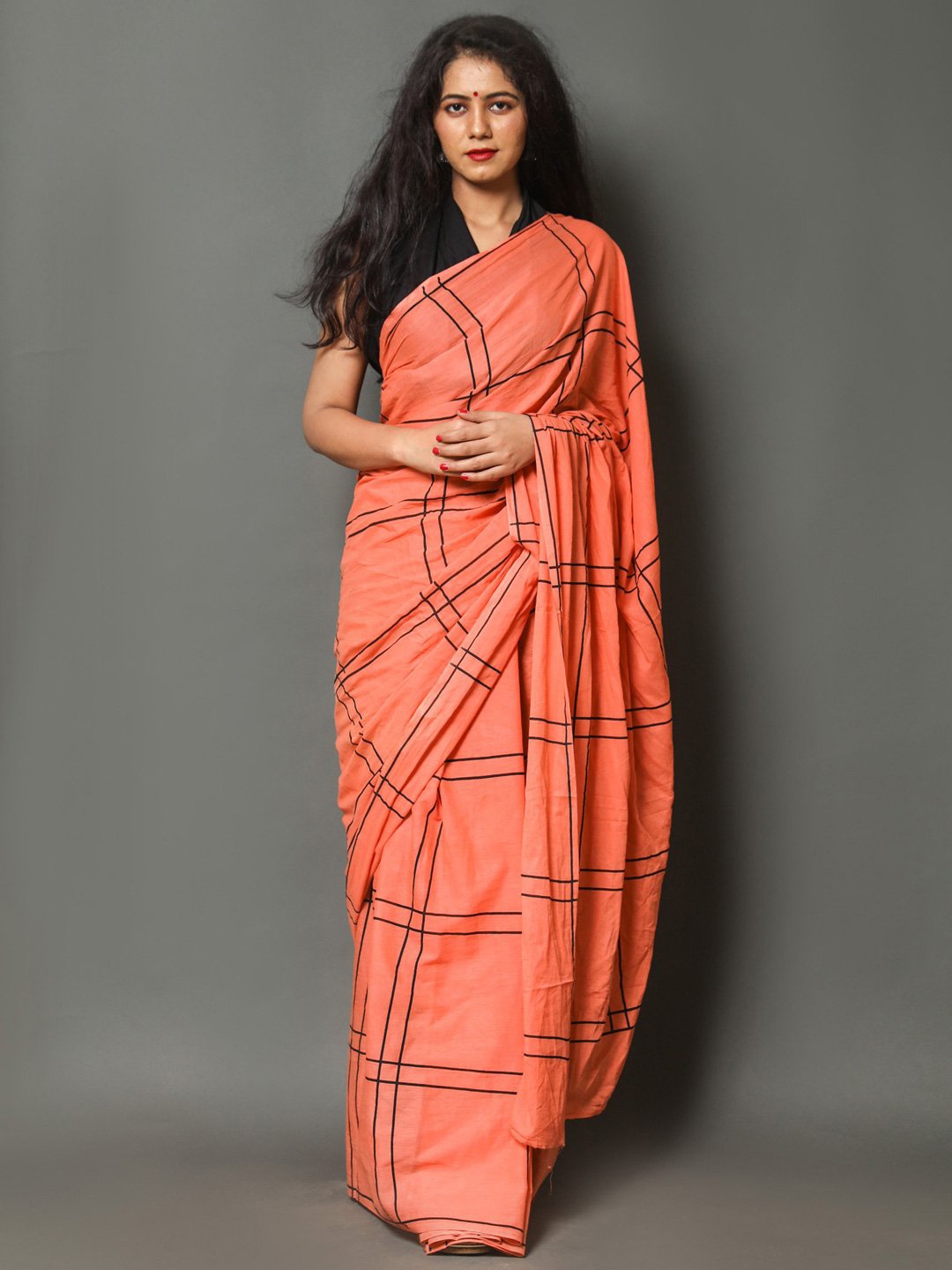 

KALINI Striped Pure Cotton Saree, Peach