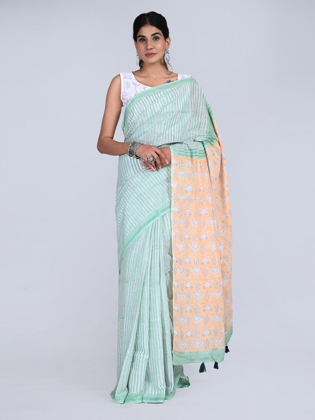 

KALINI Striped Pure Cotton Saree, Sea green