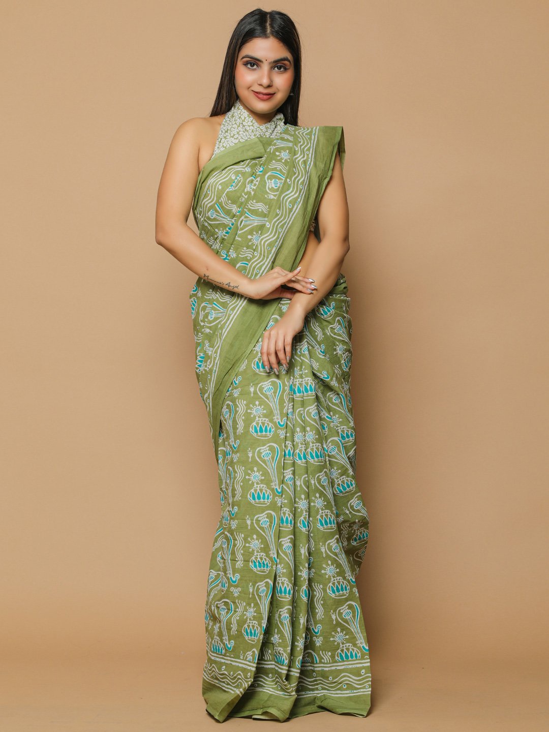 

KALINI Abstract Printed Pure Cotton Saree, Green