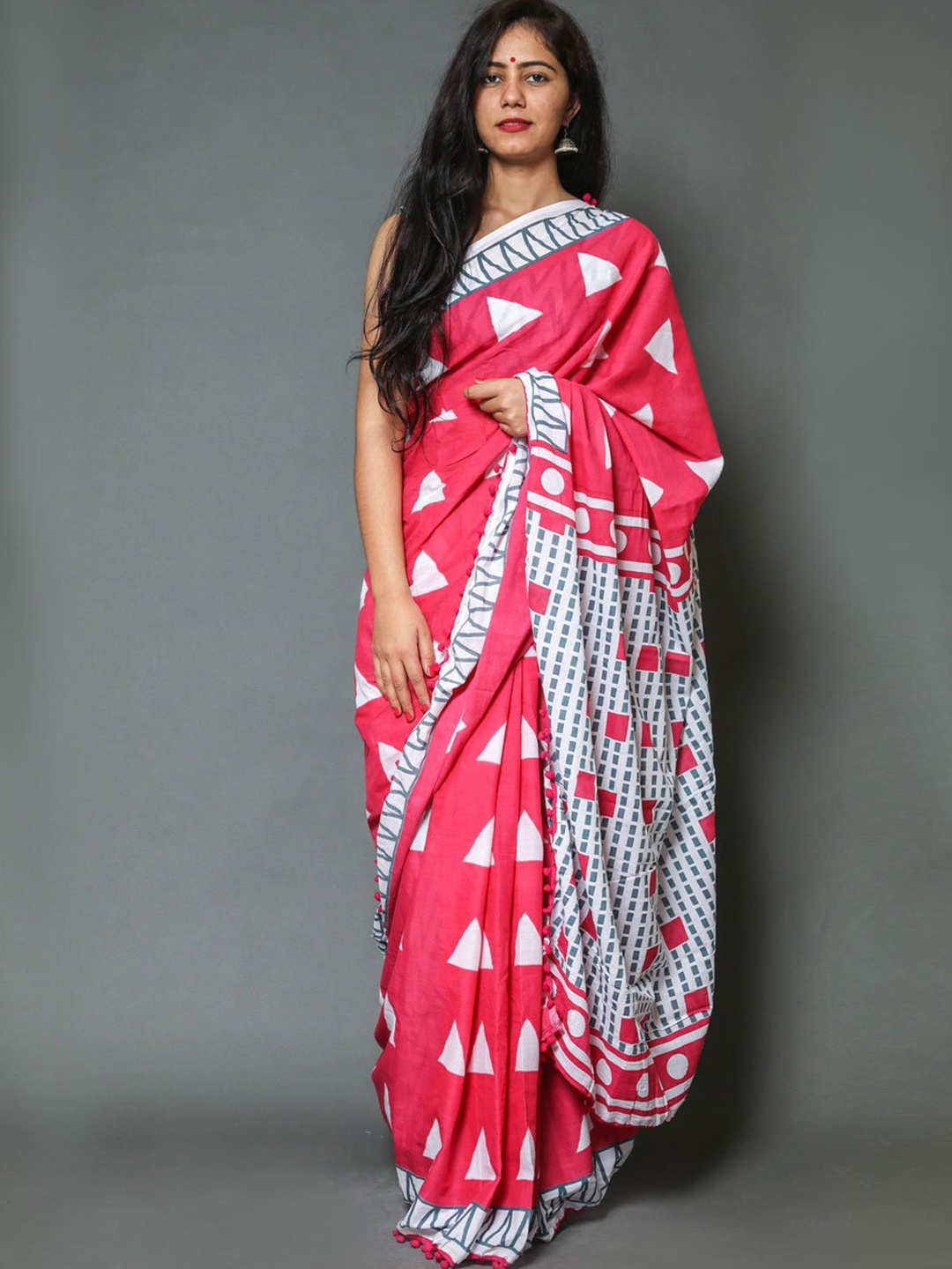 

KALINI Geometric Printed Pure Cotton Saree, Pink