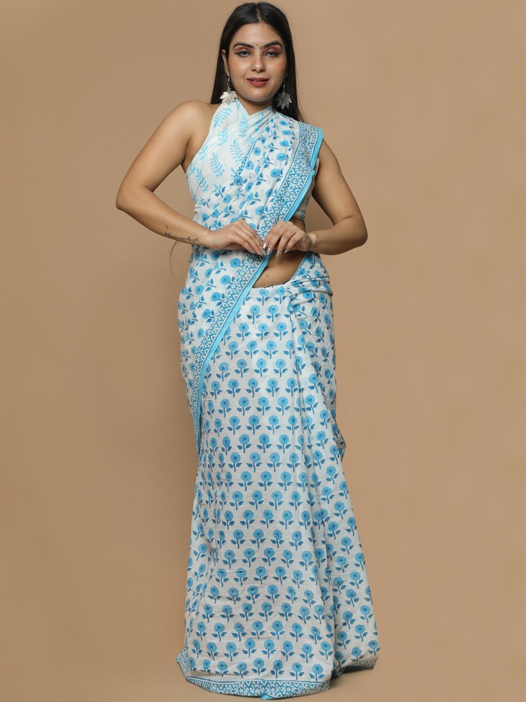 

KALINI Floral Printed Pure Cotton Saree, White