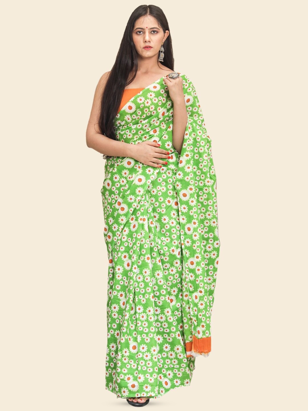 

KALINI Floral Printed Pure Cotton Saree, Green