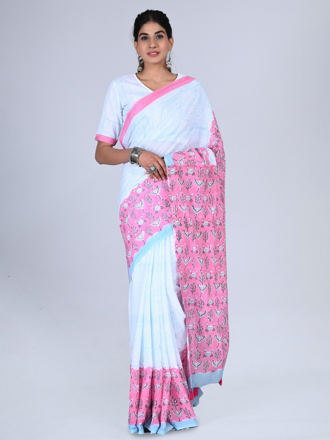 

KALINI Ethnic Motifs Printed Pure Cotton Block Print Saree, Pink