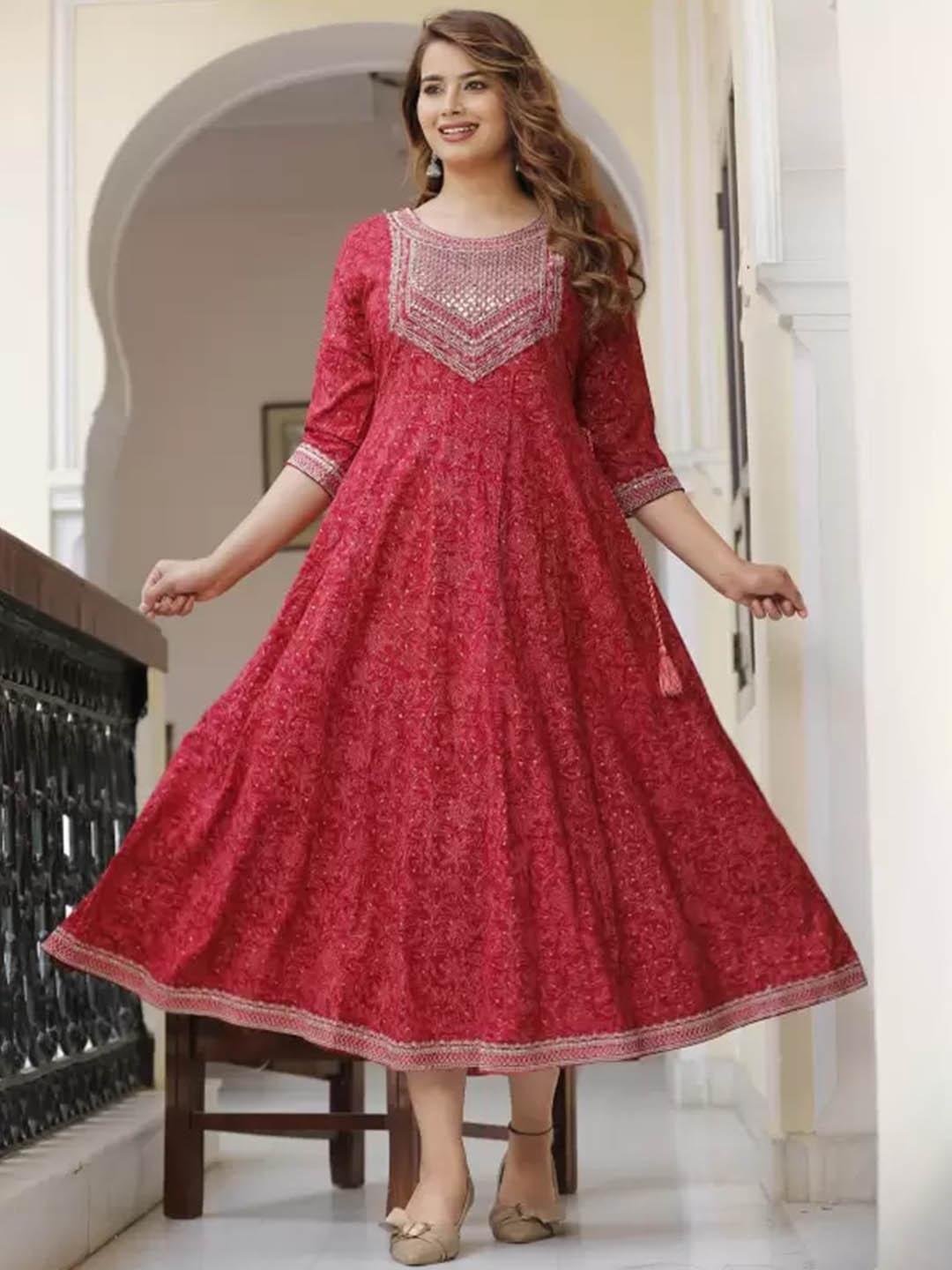 

DARVIKAA COLLECTION Floral Printed Embroidered Detailed A-Line Midi Ethnic Dress, Maroon