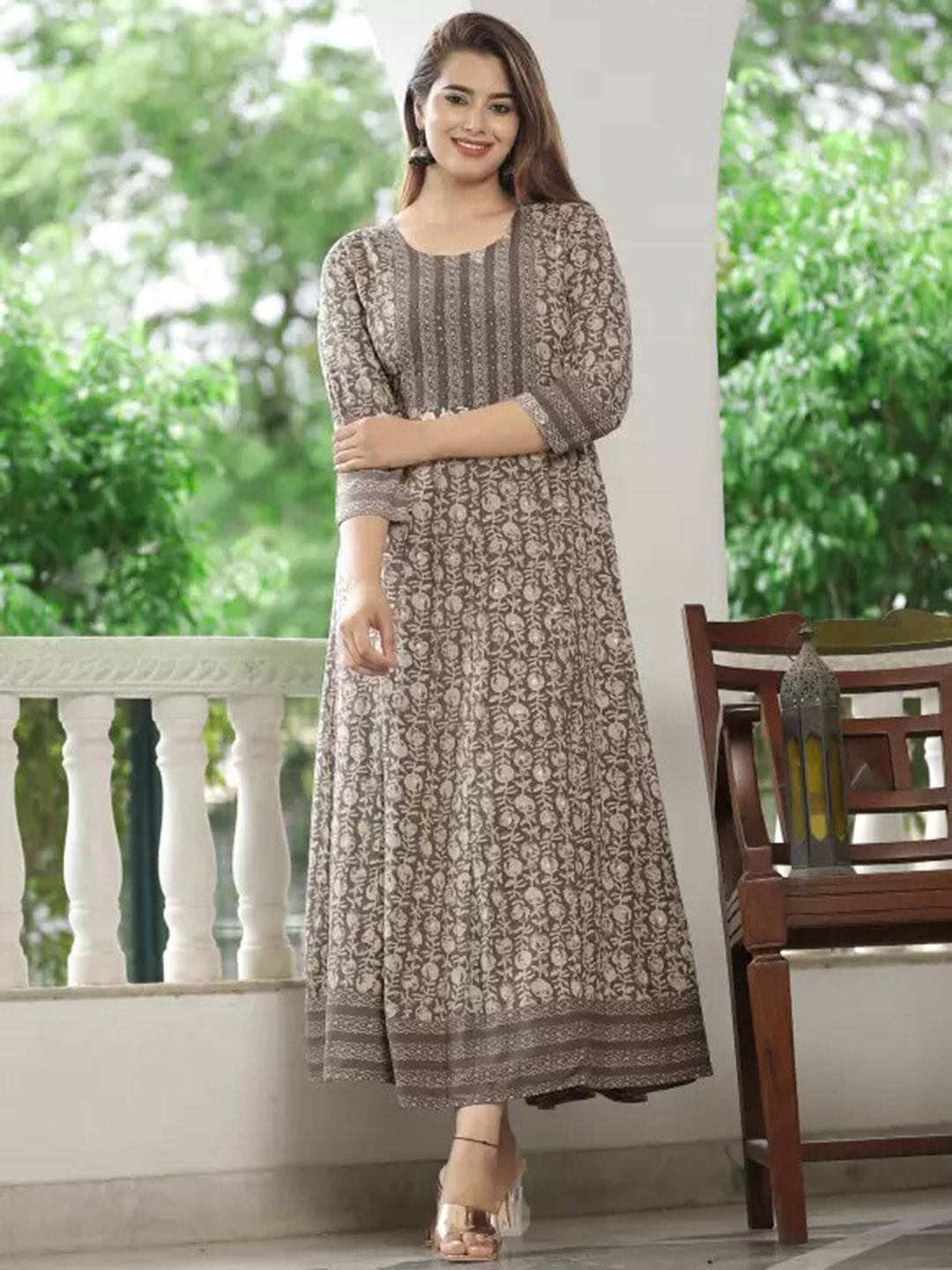 

DARVIKAA COLLECTION Floral Yoke Design Flared Sleeves Thread Work Anarkali Kurta, Brown