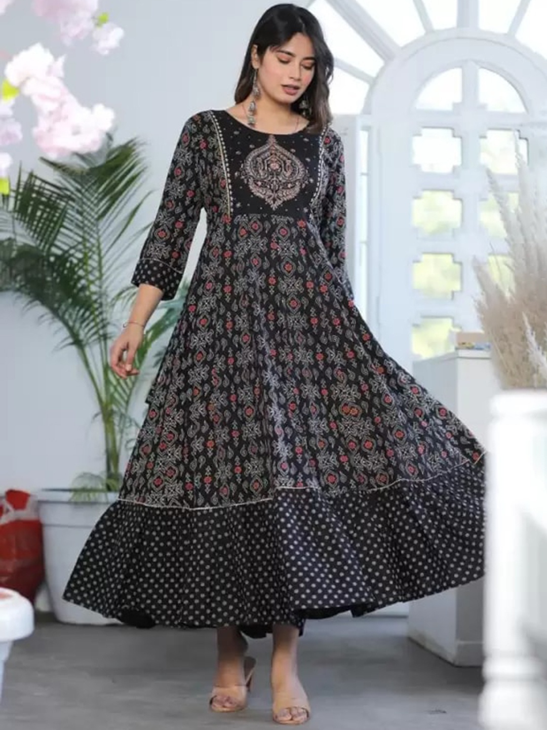 

DARVIKAA COLLECTION Ethnic Motifs Printed Embroidered Detail Fit & Flare Midi Ethnic Dress, Black