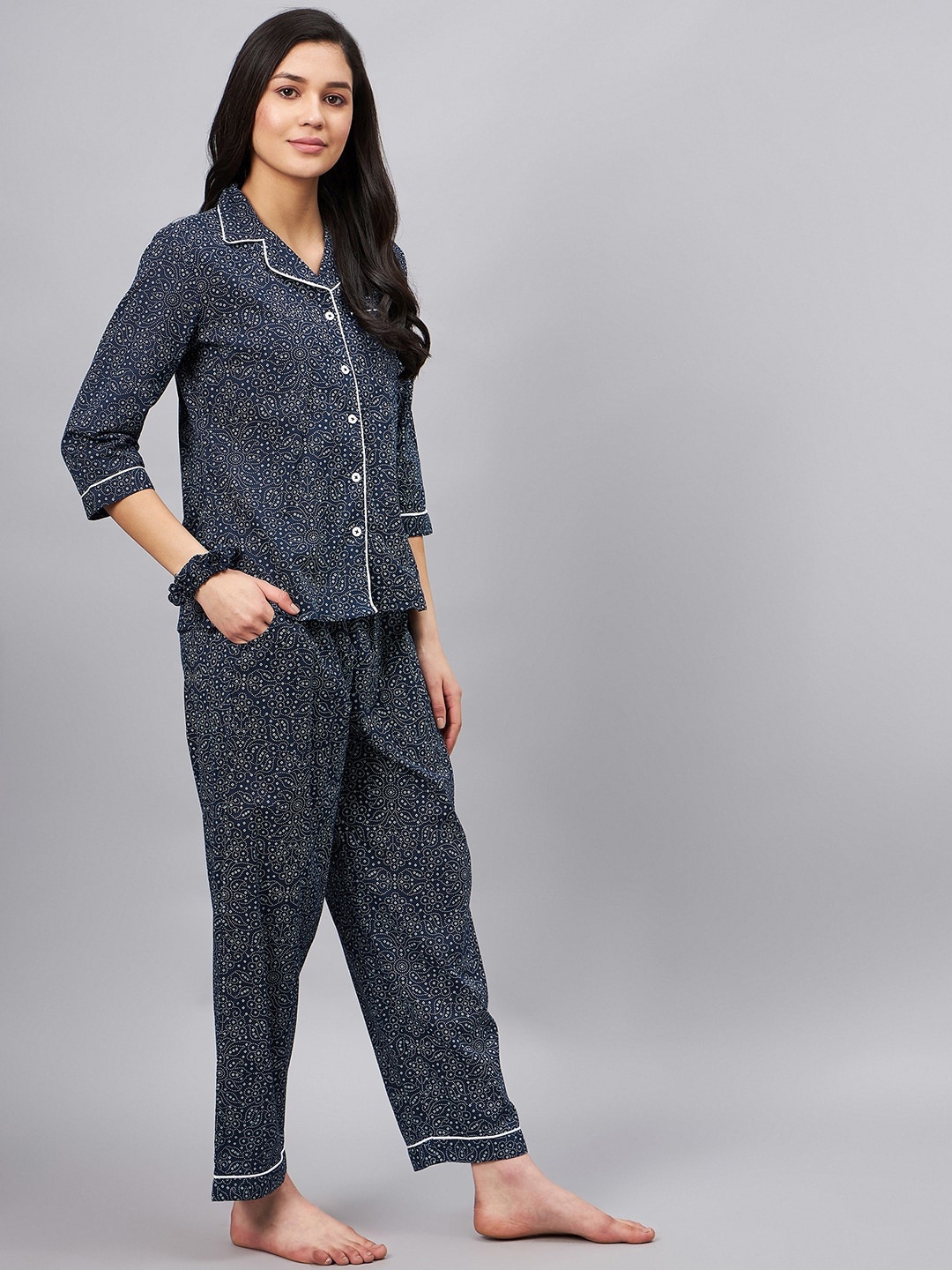 

WineRed Ethnic Motifs Printed Pure Cotton Night suit, Blue